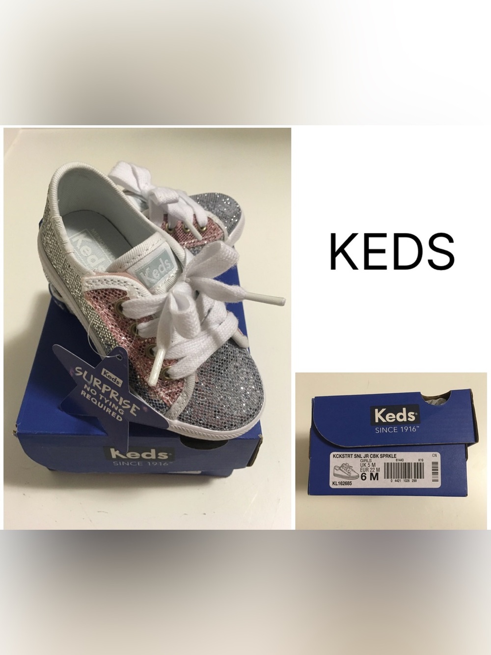 KEDS - GIRLS 6 - NWT - SILVER PINK SPARKLE KICKSTART SHOES